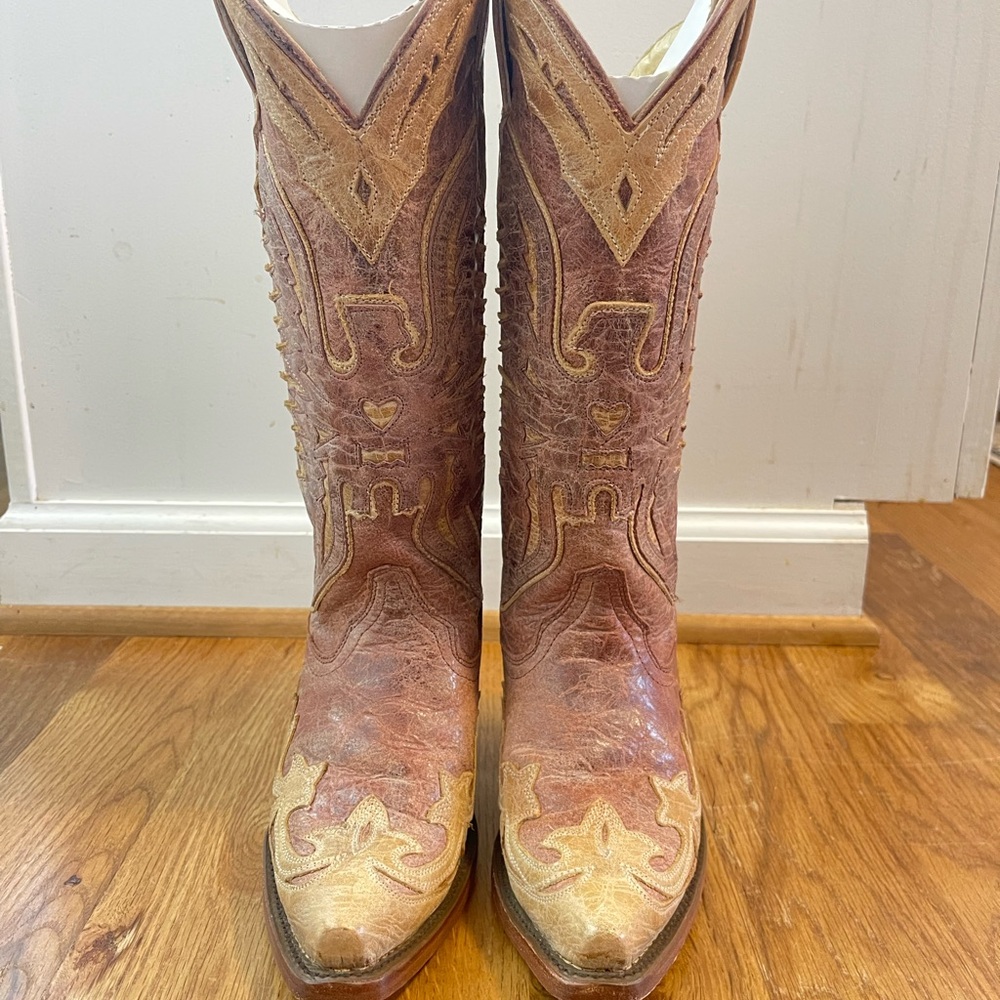 Corral Cowboy Boots Womens 5 Snip Toe Western Leather Embroidered Brown - Picture 6 of 13